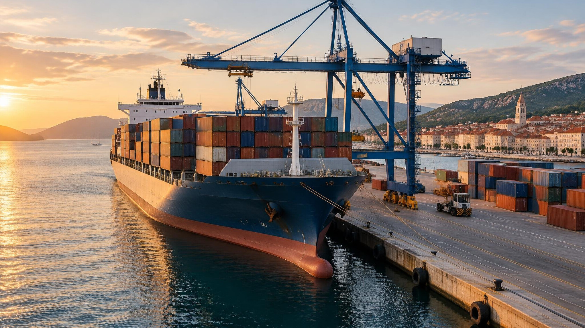 Cargo ship loaded with containers at a port