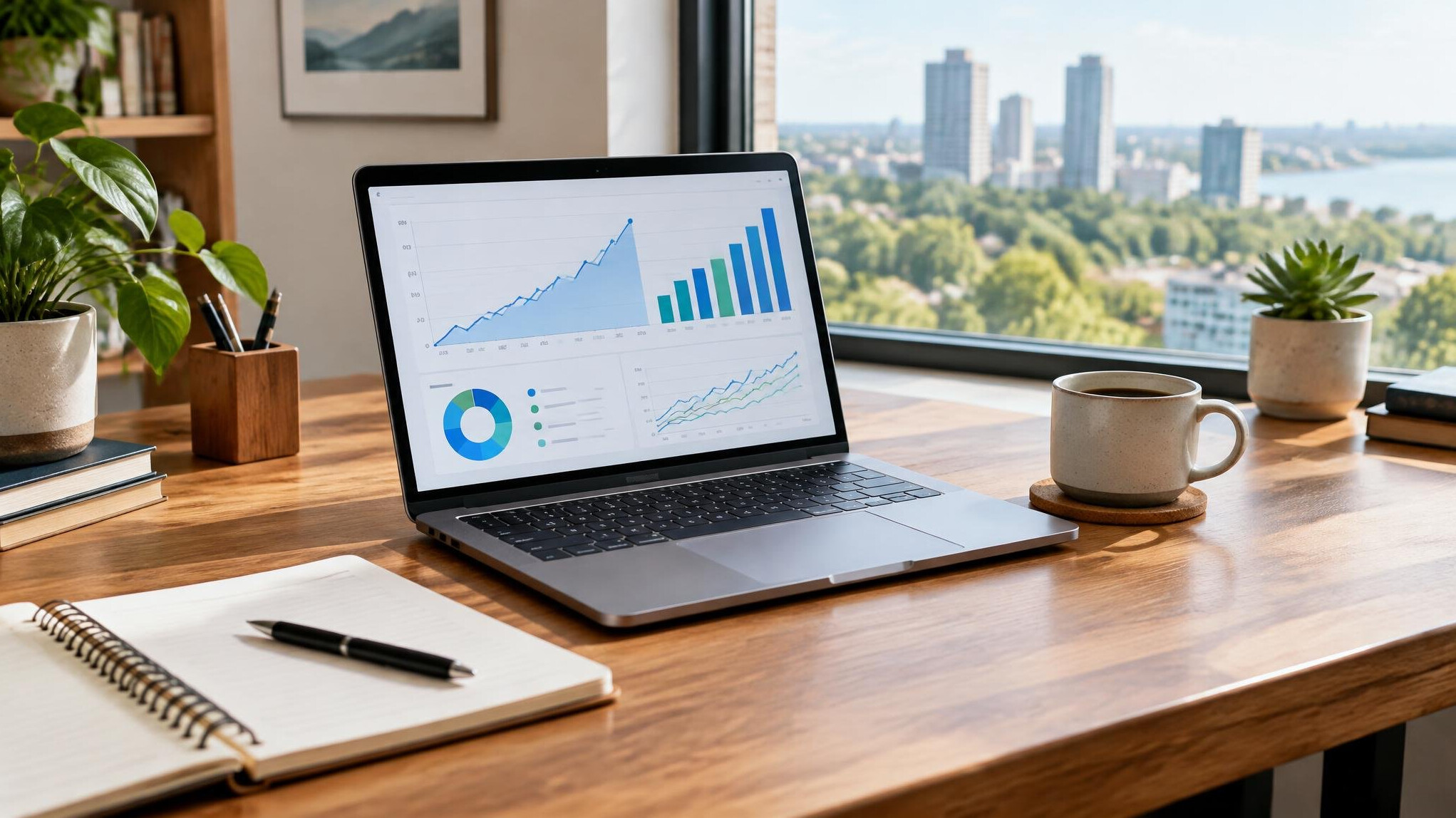 Laptop and notebook with charts on a wooden desk