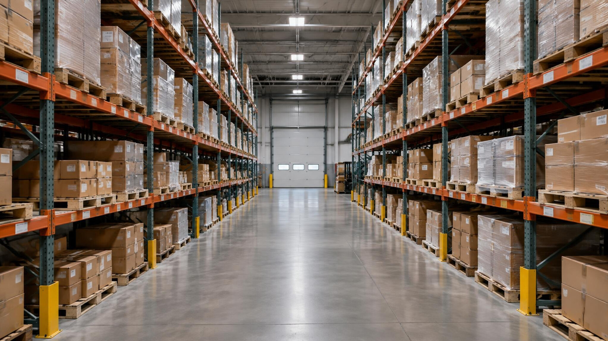Warehouse aisle with pallets and boxes