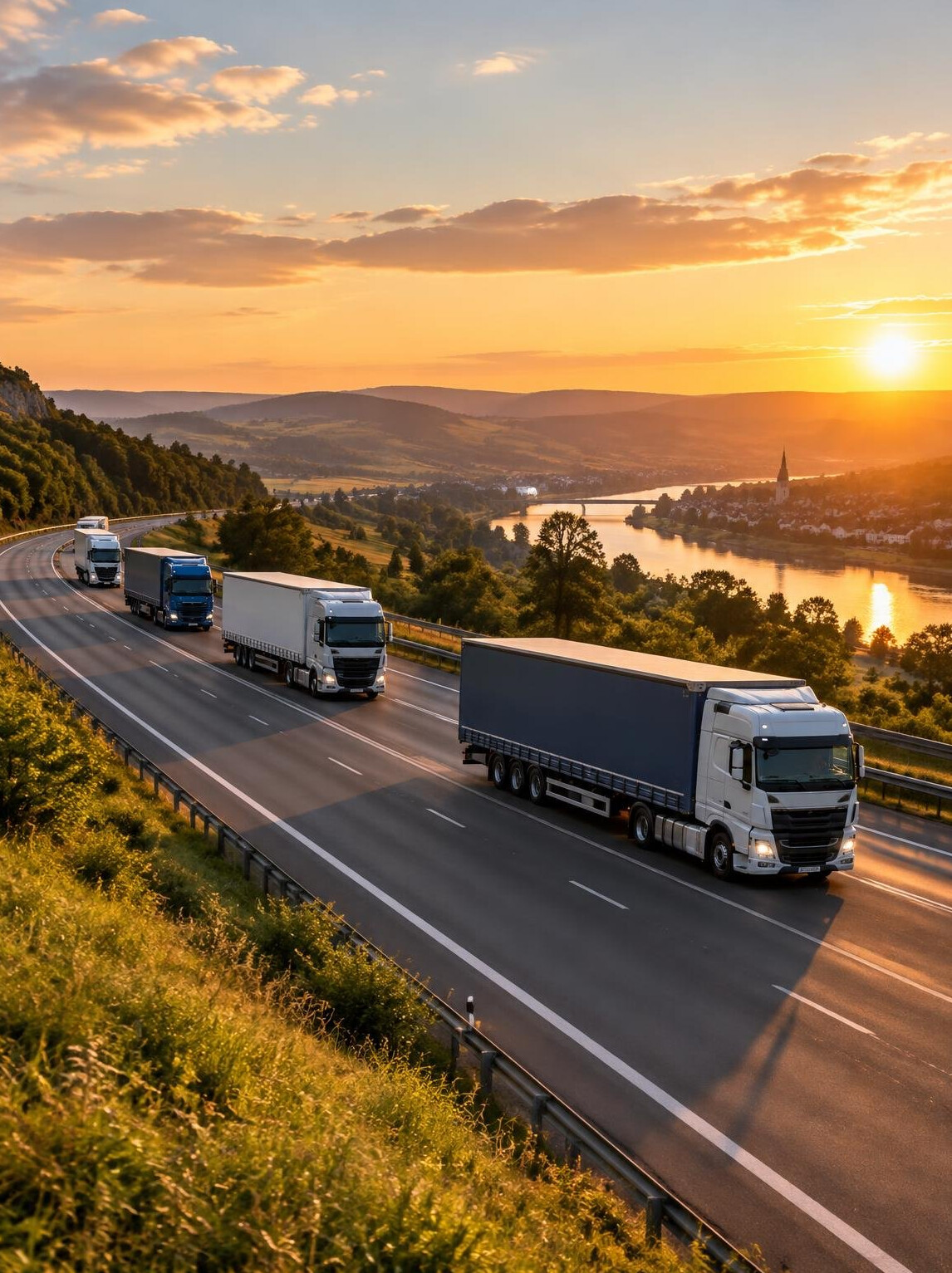 Line of cargo trucks on a highway at sunset